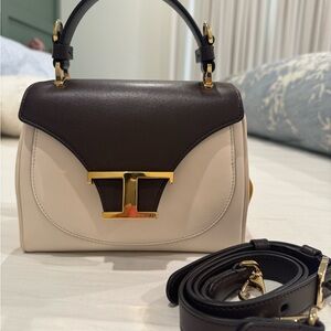 Tod Timeless Top Handle Leather Brown Yellow OffWhite bag